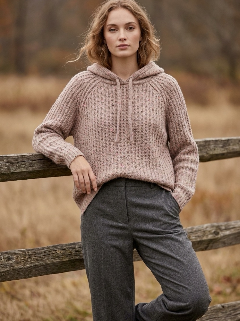 aerie Ribbed Hooded Sweater in Tan/Blush